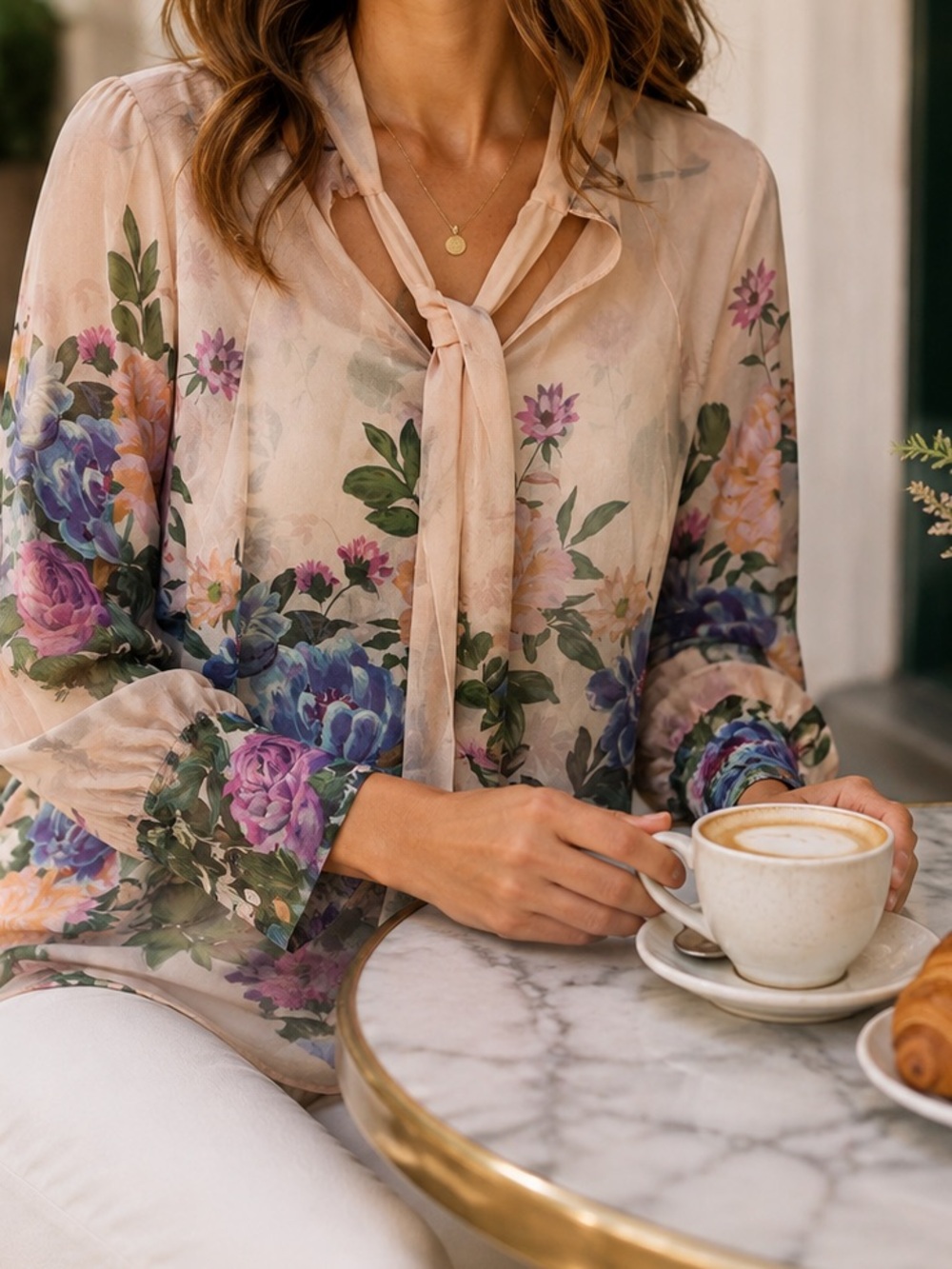 Zara Floral Sheer Tie Neck Blouse L Cream Pink Blue Long Sleeve Boho